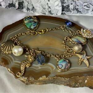 Ocean Charm Gold Bracelet with Abalone and Seahorse 8" Nautical Charm Bracelet
